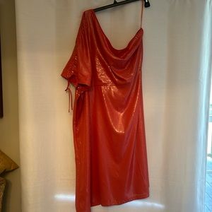 Bright coral pink mid length sequin dress. 3x